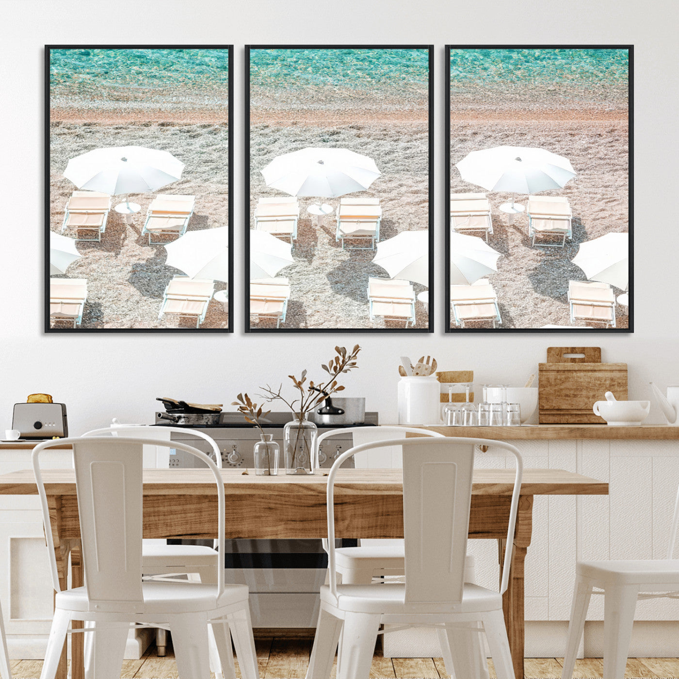 A bright beach scene with white umbrellas, pastel sand, and turquoise waters, creating a tranquil coastal vibe, perfect for beach house or summer decor.