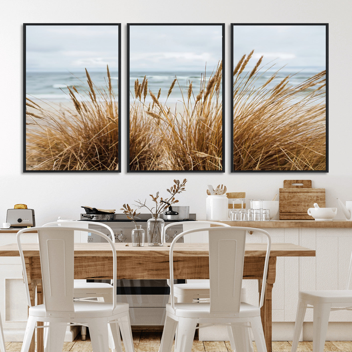 Canvas of golden beach grass swaying by the ocean under a soft cloudy sky, perfect for neutral-toned or coastal minimalist decor.