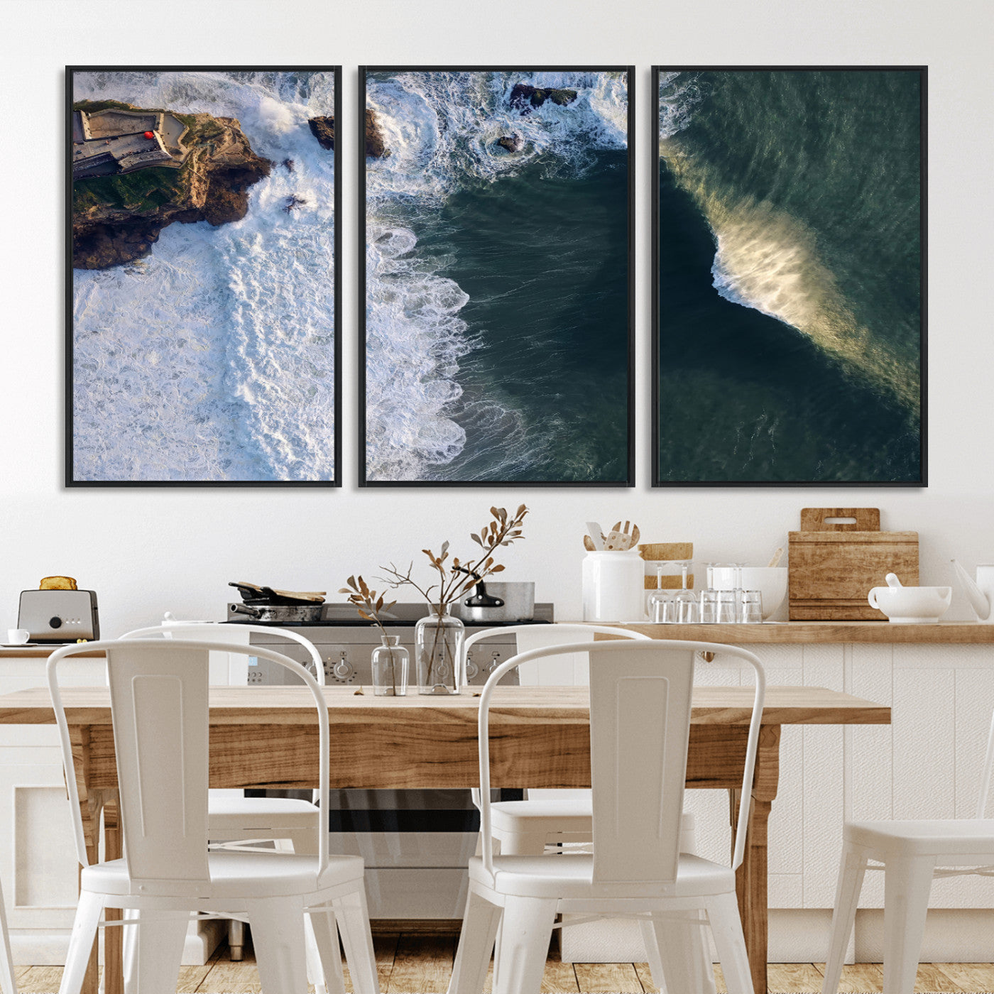 Canvas showing an aerial view of crashing waves along the Nazaré coastline, perfect for dramatic coastal or ocean-themed home decor.