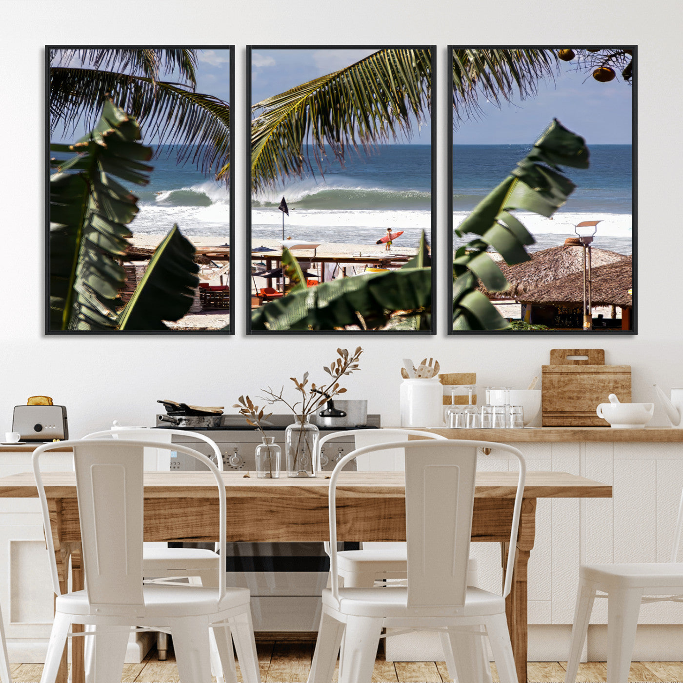 Canvas wall art of a tropical surf scene framed by palm trees, with a surfer on the shore and waves rolling in, ideal for beach-themed decor.