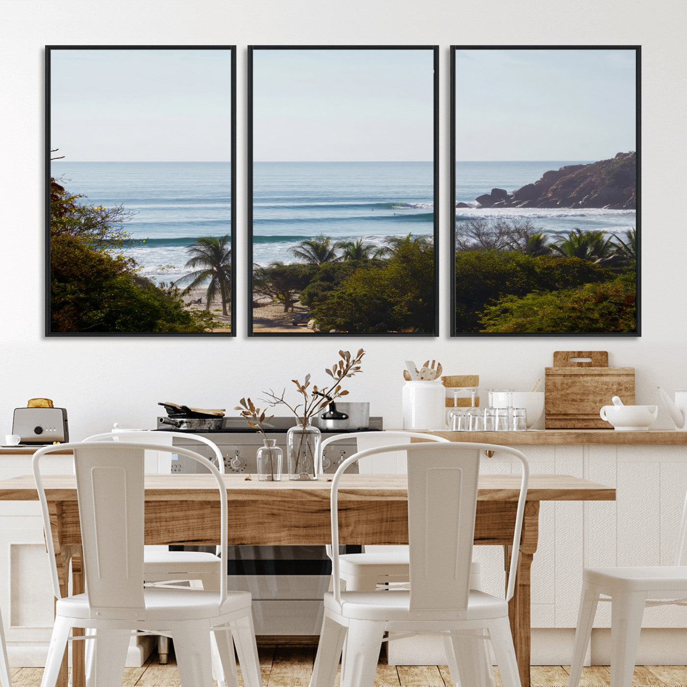 View of calm ocean waves with palm trees and a tropical coastline, ideal for coastal boho or beach-themed wall decor.