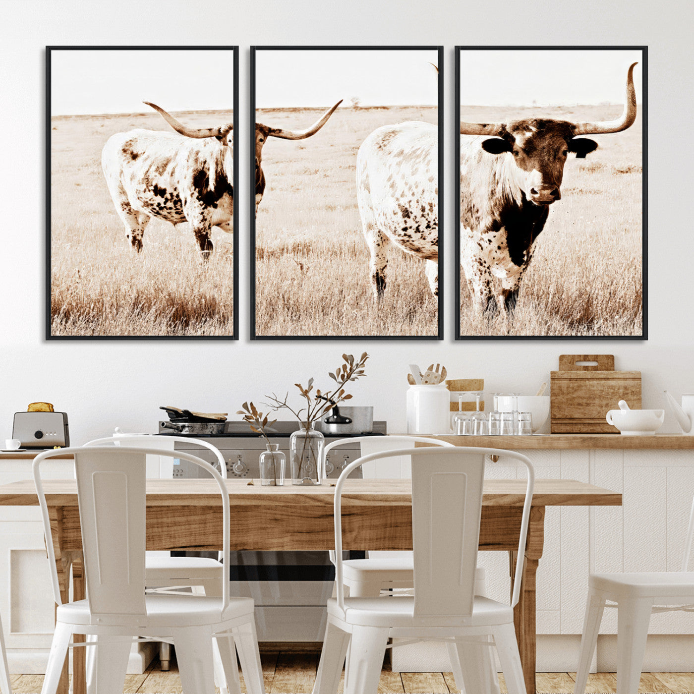 Two Texas longhorn cows standing in a sepia-toned pasture, evoking rustic charm perfect for farmhouse or western country interiors. (