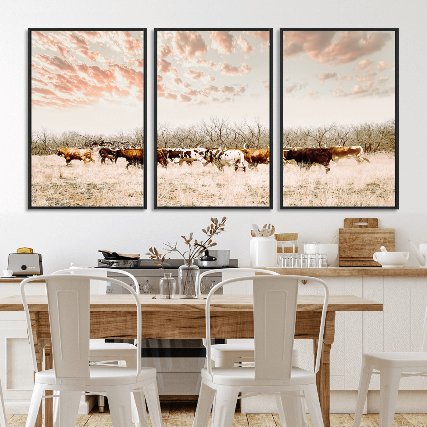 Cattle herd in a soft-toned field under a pastel pink sky, creating a peaceful rustic feel, perfect for farmhouse or western-themed spaces.