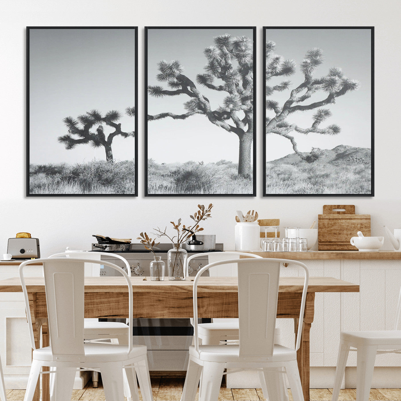 Black and white Joshua tree in a desert landscape with soft light and dry brush, perfect for rustic or minimalist home decor.
