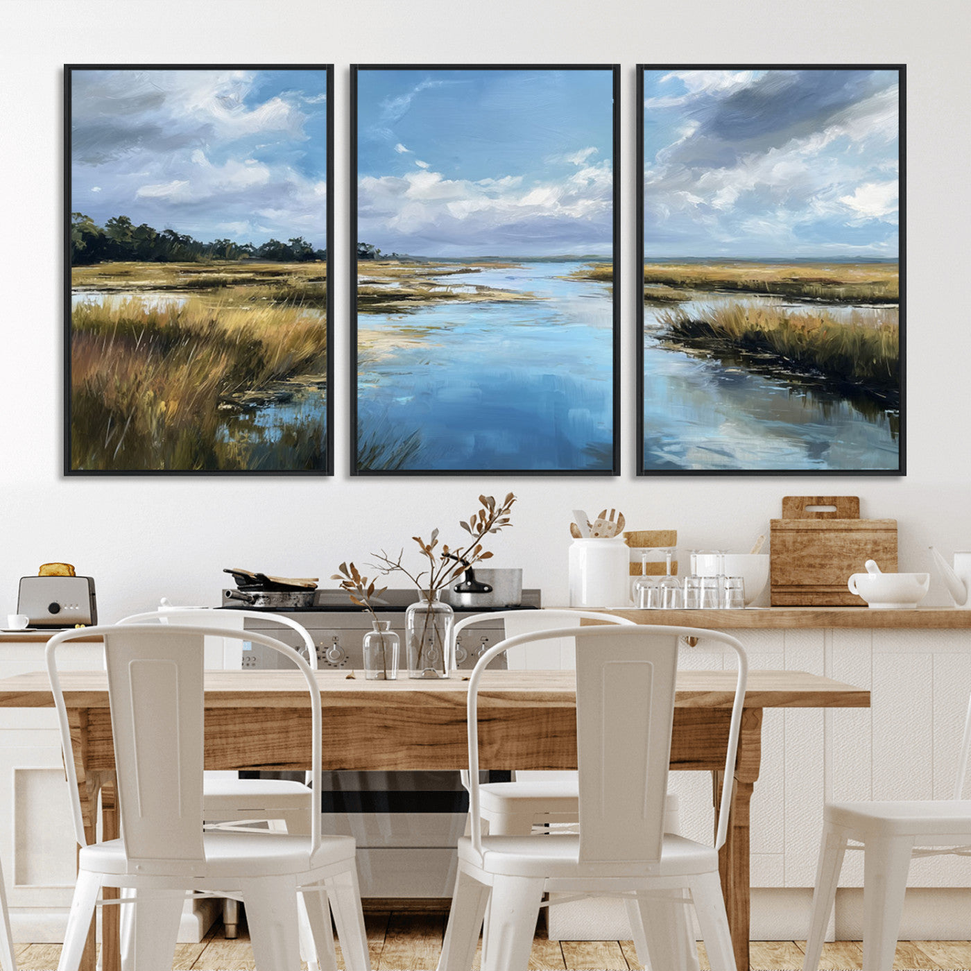 A beautiful, painterly landscape of a calm river winding through a marsh, with vibrant green grasses and a bright blue sky filled with fluffy clouds.