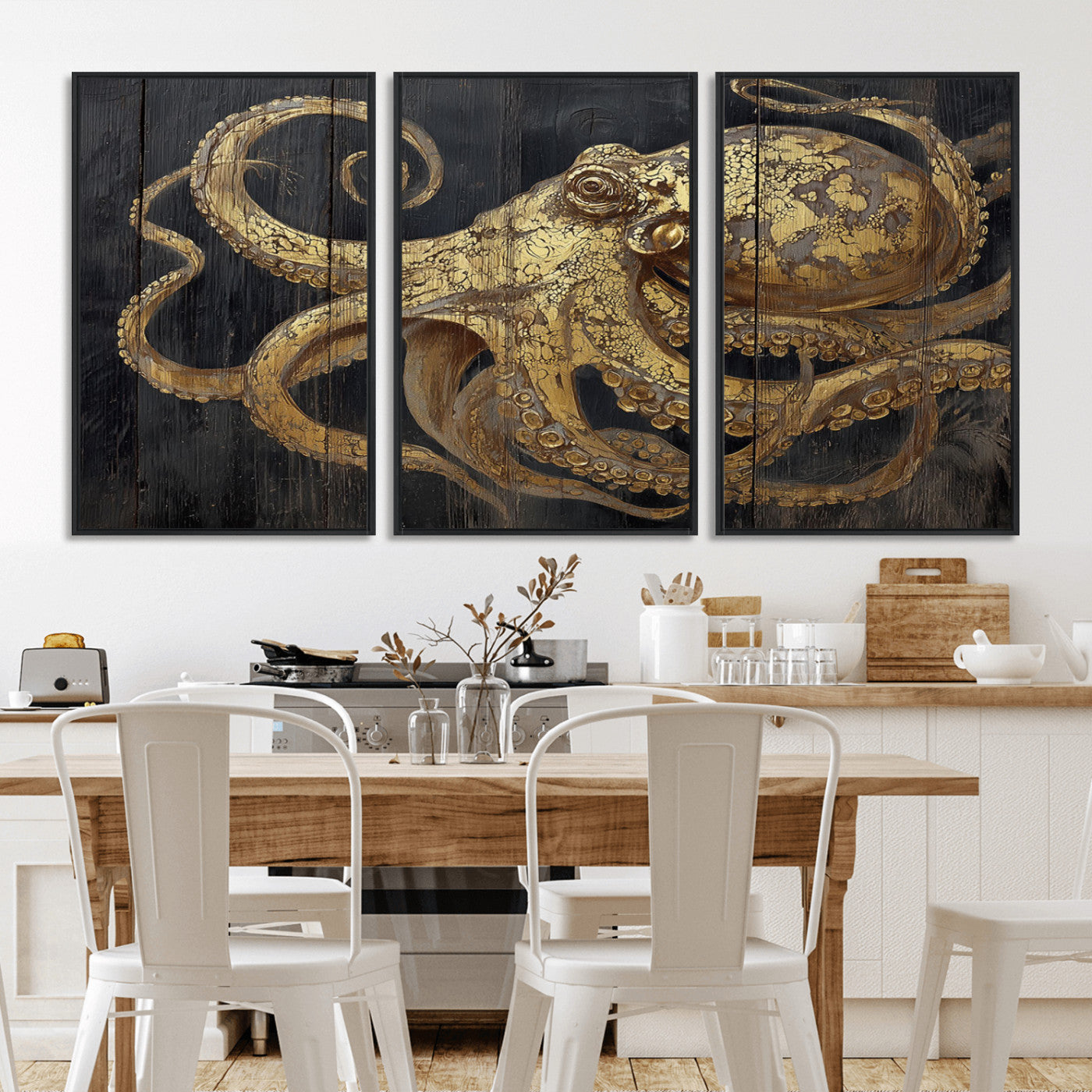 A detailed gold illustration of an octopus on black wooden planks, showing its intricate tentacles and textured skin in an artistic style.