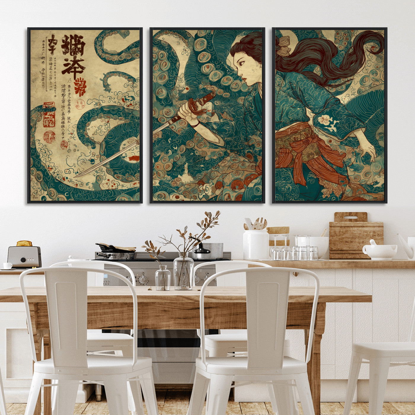 Tsukioka Yoshitoshi Samurai Wall Art Print, Japanese Katana Warrior Canvas Wall Art, Octopus Sea Monster Canvas Print,
