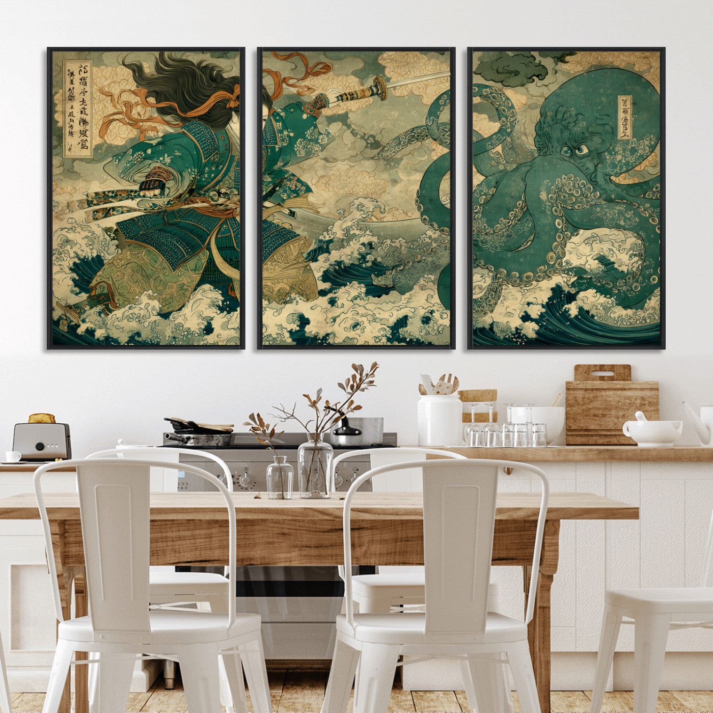 Tsukioka Yoshitoshi Samurai Wall Art Print, Japanese Katana Warrior Canvas Wall Art, Octopus Sea Monster Canvas Print,