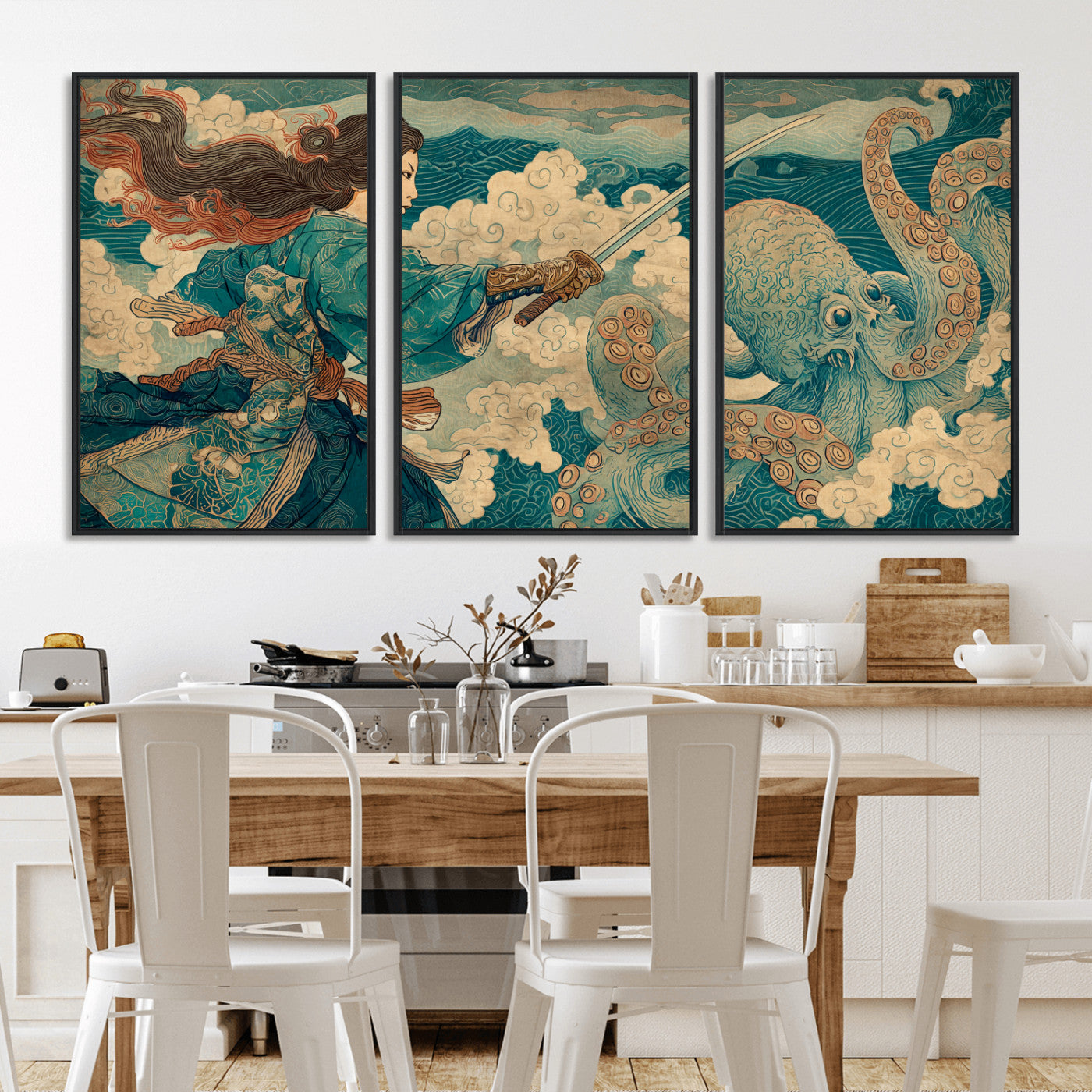 Tsukioka Yoshitoshi Samurai Wall Art Print, Japanese Katana Warrior Canvas Wall Art, Octopus Sea Monster Canvas Print,