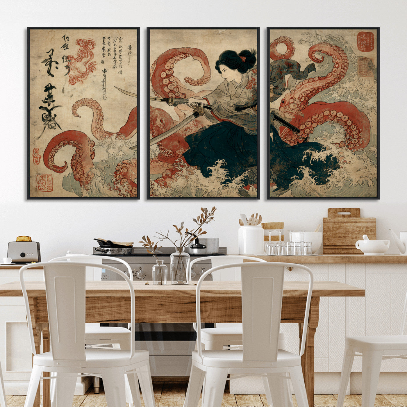 Tsukioka Yoshitoshi Samurai Wall Art Print, Japanese Katana Warrior Canvas Wall Art, Octopus Sea Monster Canvas Print,