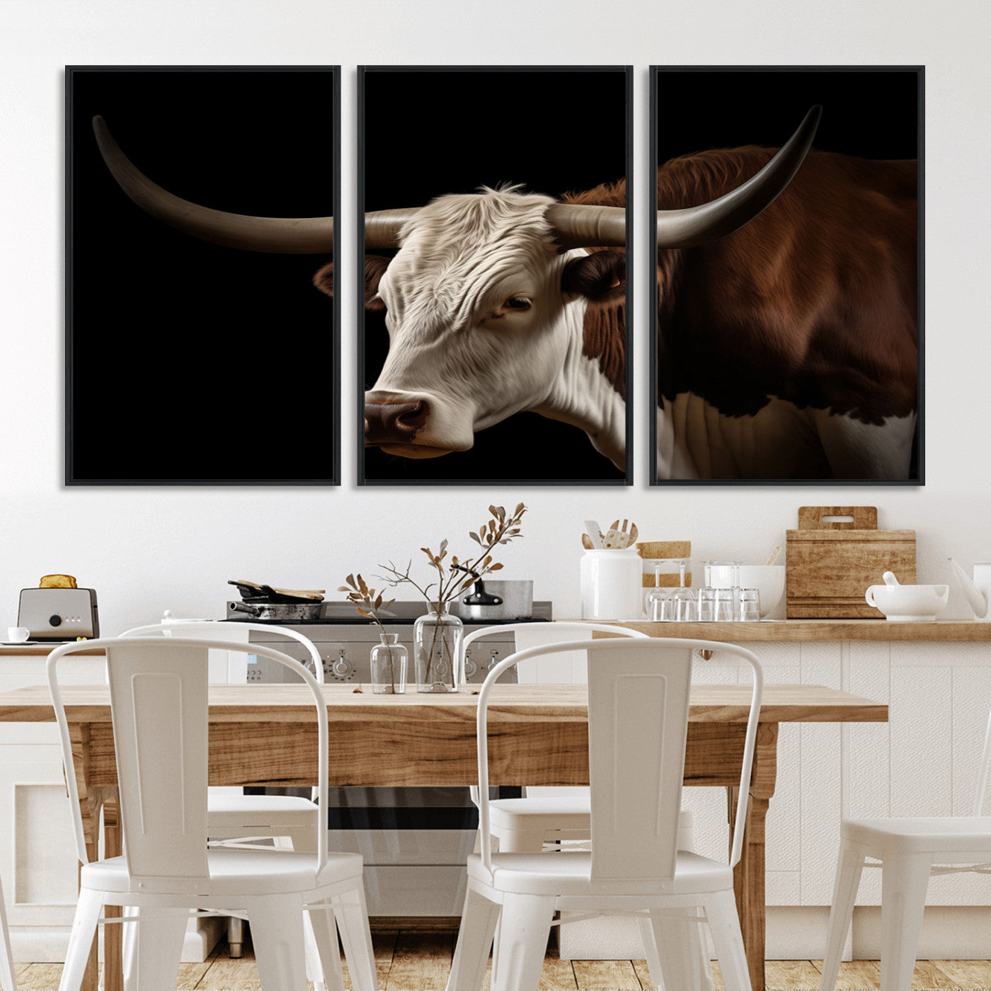 "Close-up of a brown and white longhorn cow with prominent curved horns against a black background."