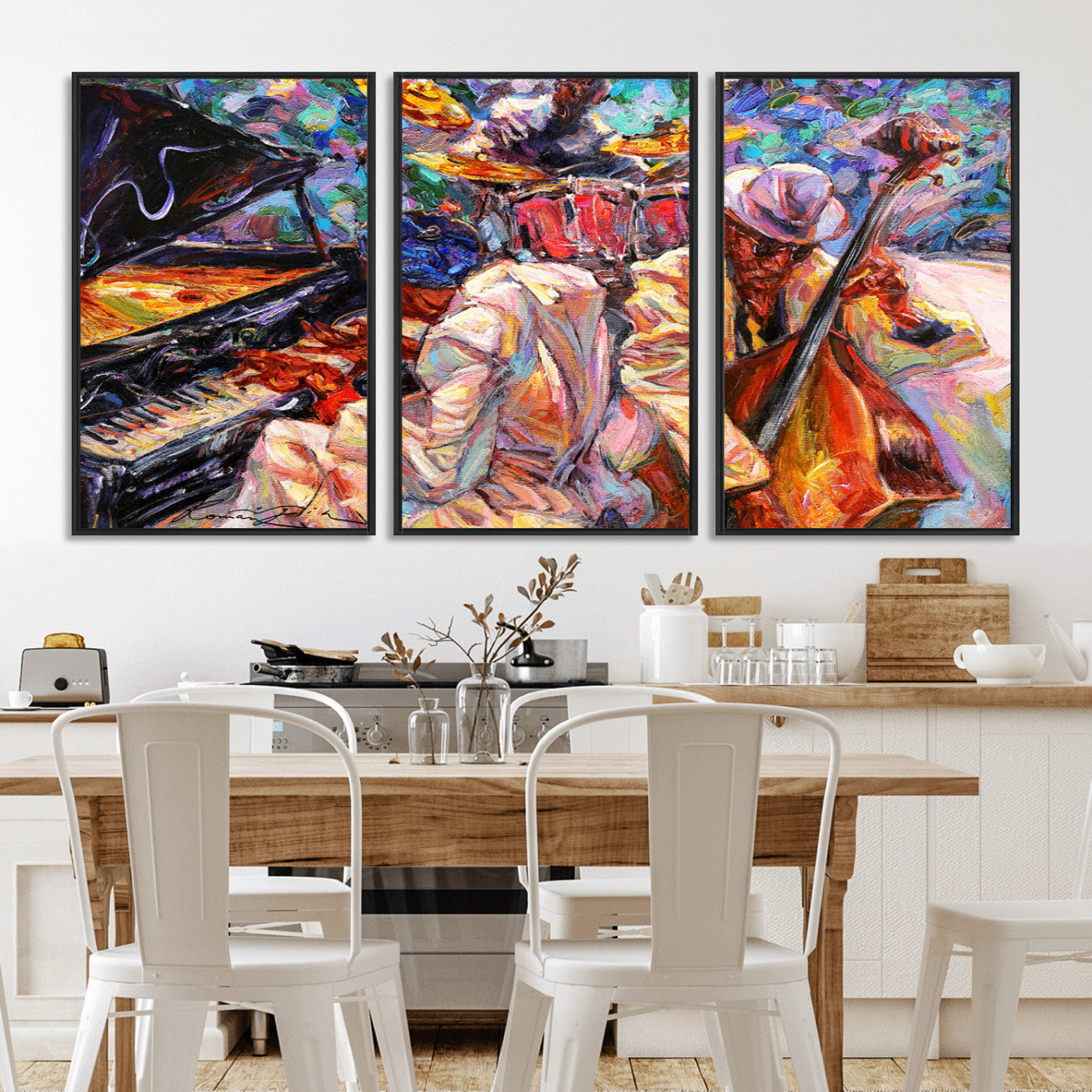 Vibrant oil painting of a jazz band with piano, saxophone, and bass, ideal for colorful and expressive music-themed home decor.