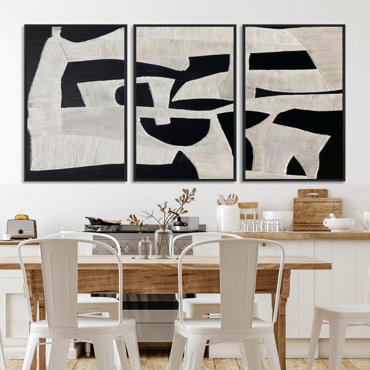 Minimalist black and white canvas featuring bold abstract textures and geometric shapes, ideal for modern neutral decor.