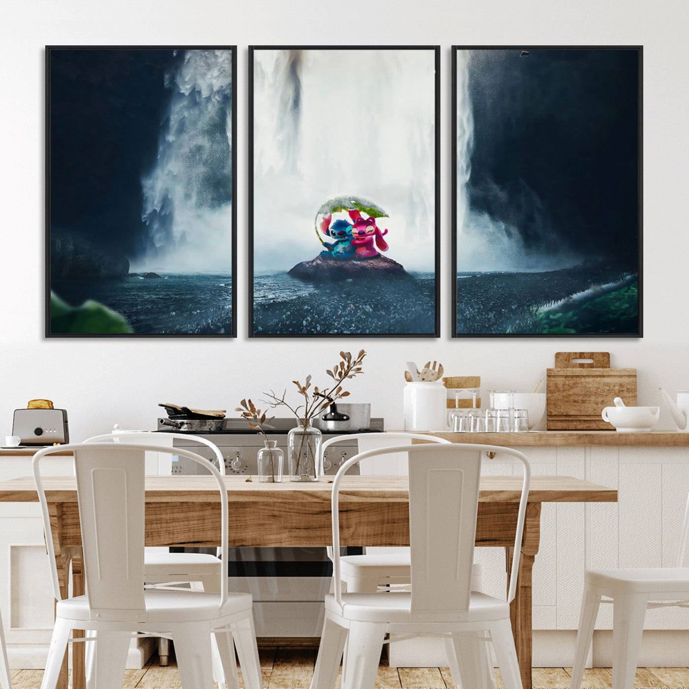 Fantasy canvas of Stitch and Angel under a leaf umbrella in front of a dramatic waterfall, perfect for moody jungle-themed or animated decor.