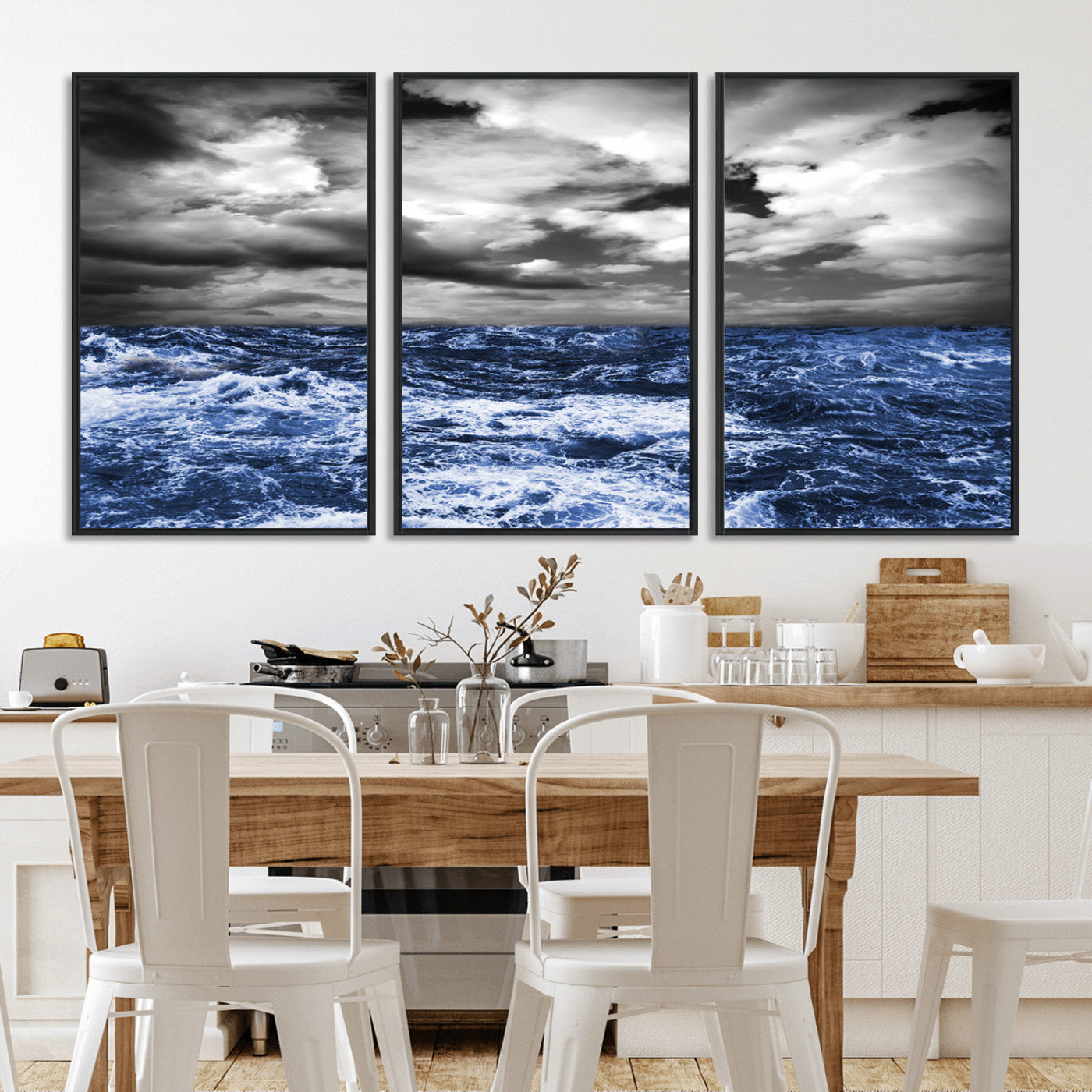 Moody canvas wall art of a stormy ocean under a dramatic black-and-white sky, perfect for bold or coastal-style interiors.