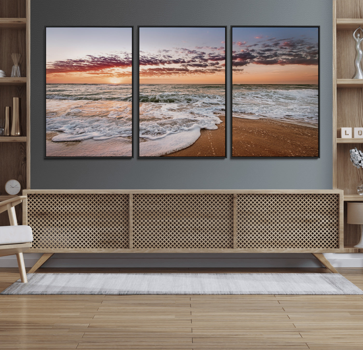 Canvas of a sunset over a foamy ocean shore with warm light and gentle waves, ideal for coastal or beach-themed home decor.