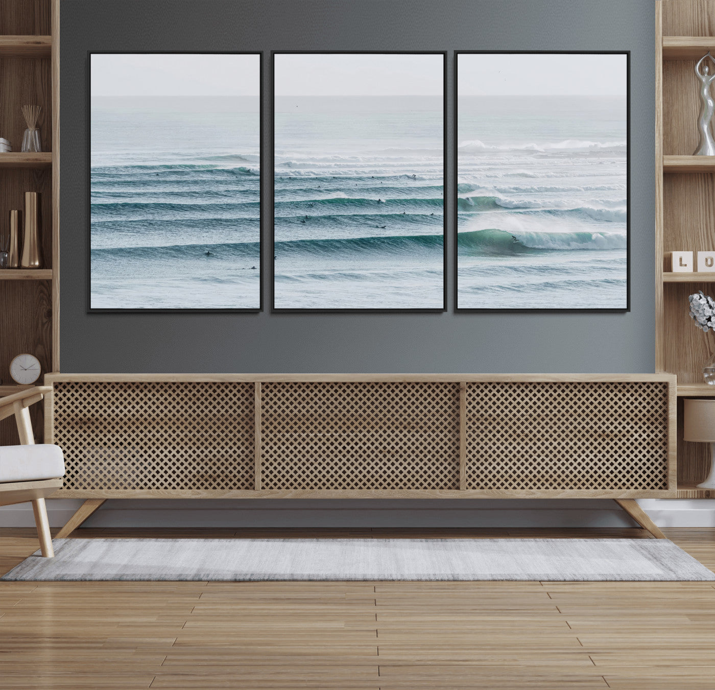 High-angle view of surfers lining up across layered ocean waves, ideal for minimal coastal or surf-inspired room decor.