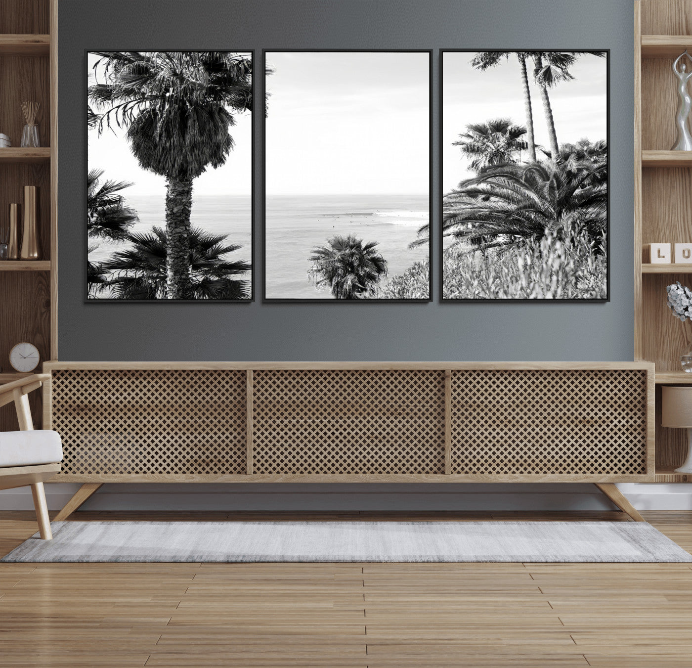 Monochrome canvas of palm trees framing a coastal surf scene, perfect for California-inspired or retro black-and-white beach decor.