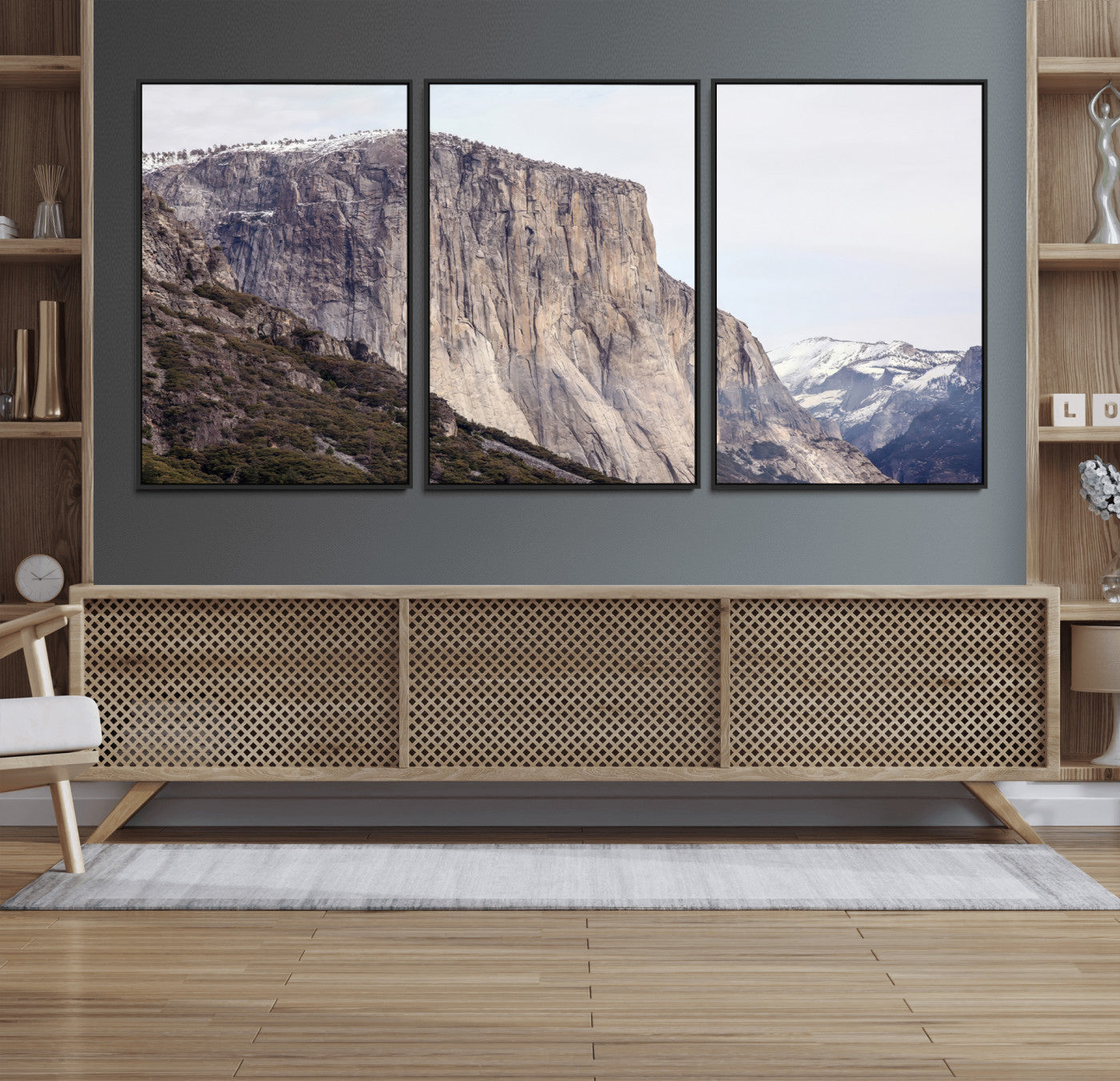 Framed canvas of El Capitan’s vertical granite face in Yosemite with snowy peaks, ideal for Sierra minimalism or mountain-inspired decor.