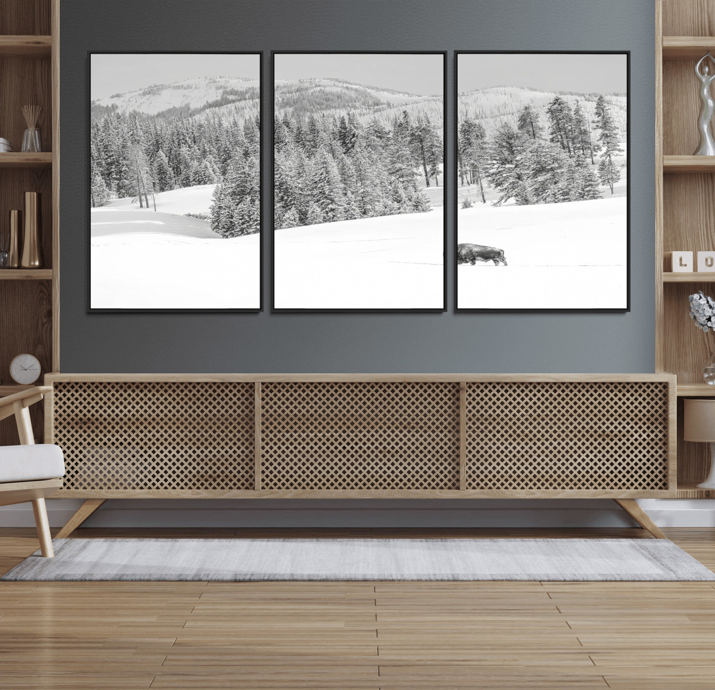 Snowy bison walking through white forest landscape, ideal for monochrome winter or wilderness-style interior wall decoration.