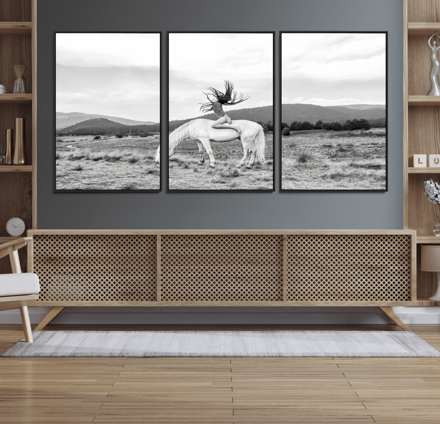 Black and white photo of a woman on a white horse in moody tones, ideal for Western Boho or modern rustic-style home decor.