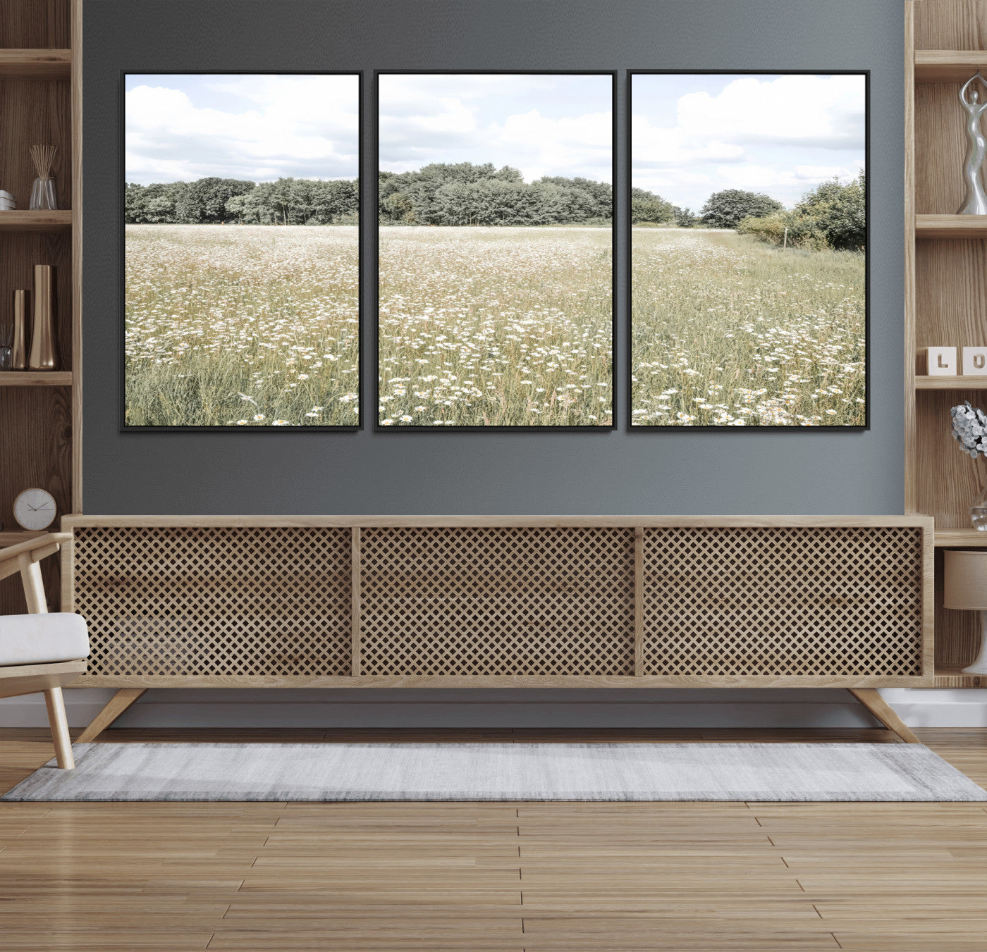 Soft-toned image of a wild daisy field under a cloudy sky, ideal for neutral or Scandinavian-inspired home decor.
