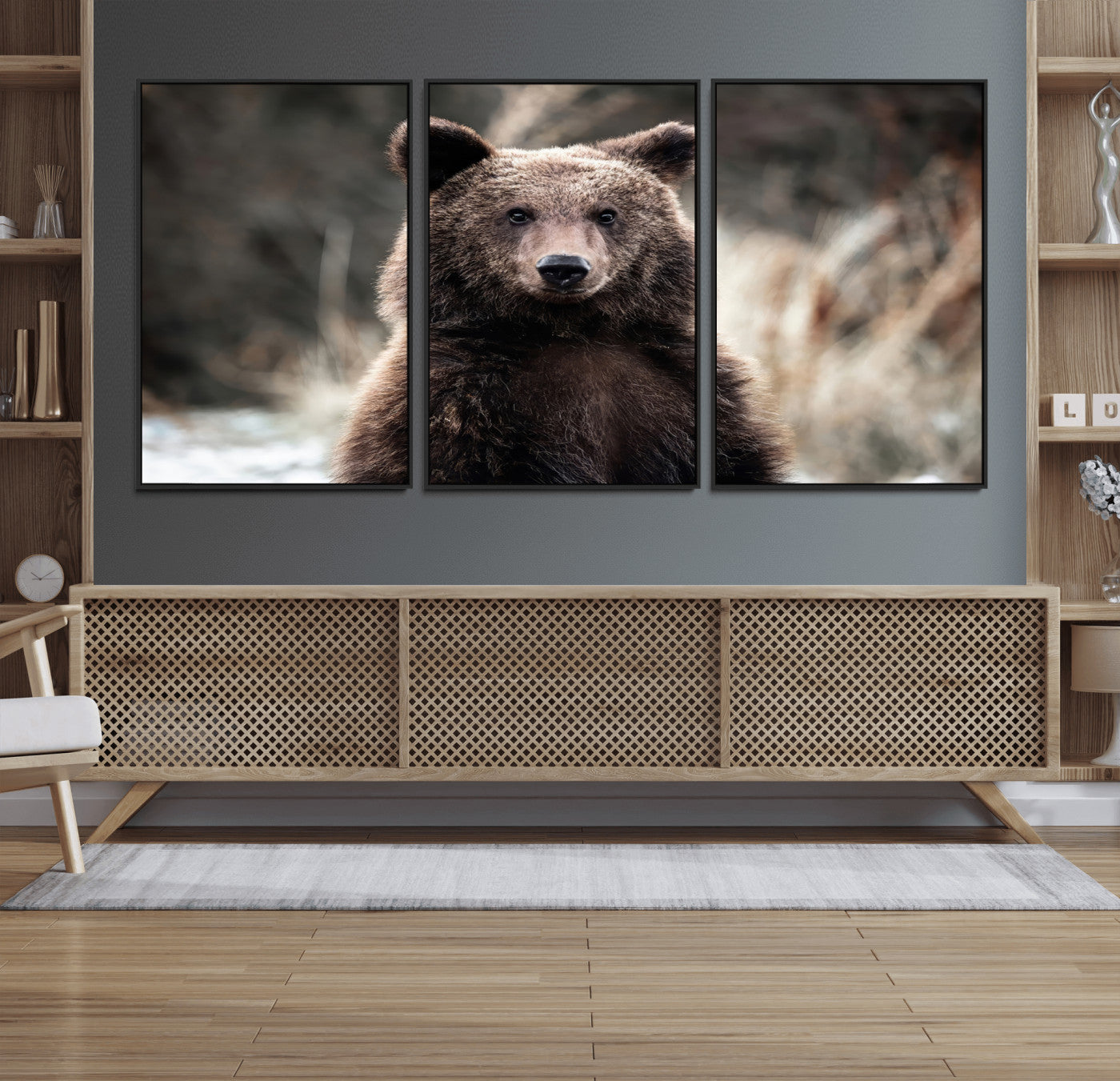 Canvas of a brown bear in soft earthy tones and moody forest light, ideal for rustic cabin or woodland nature-themed home decor.