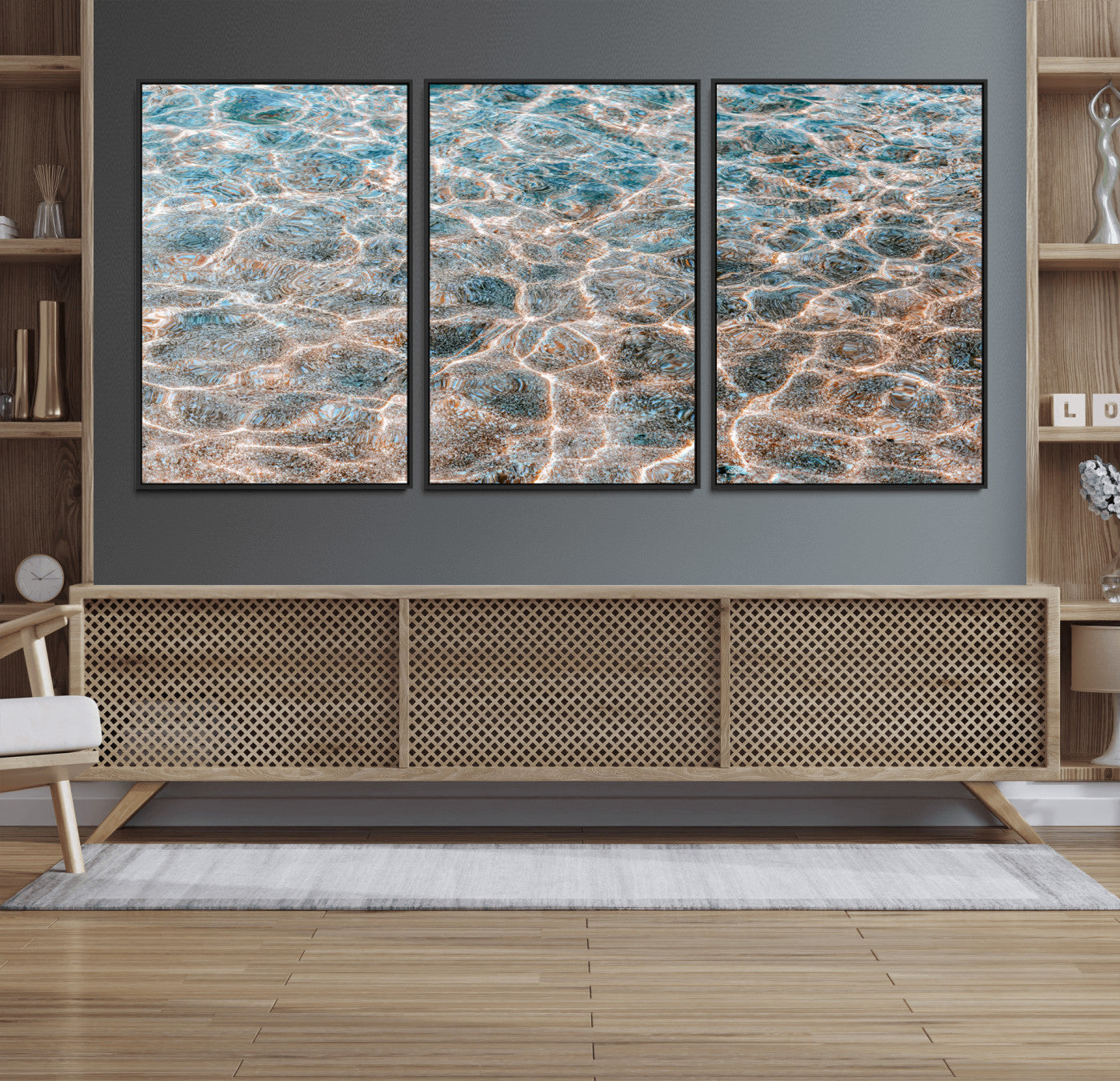 Close-up of sunlit ocean ripples with aqua blue and golden tones, ideal for modern coastal or minimalist home decor.