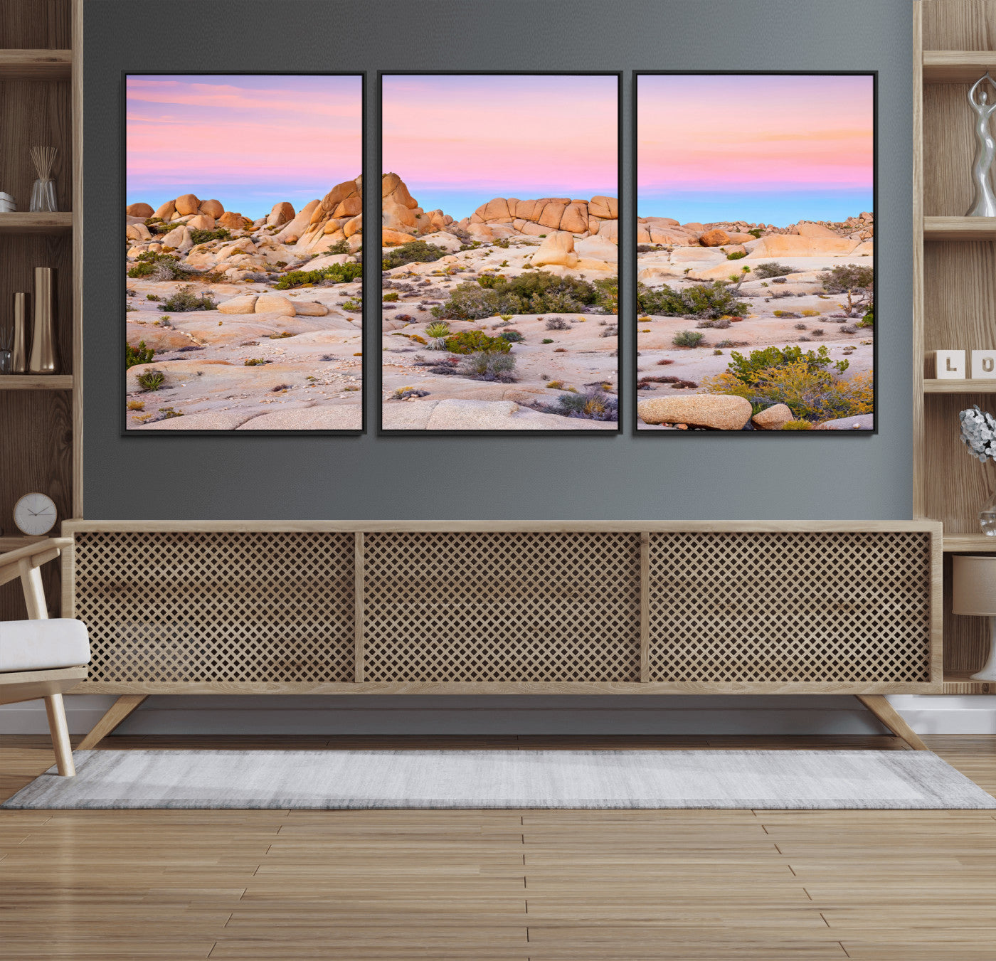 A breathtaking desert landscape featuring rugged rock formations under a vibrant pastel sunset sky, capturing the warmth and serenity of a Southwestern wilderness.