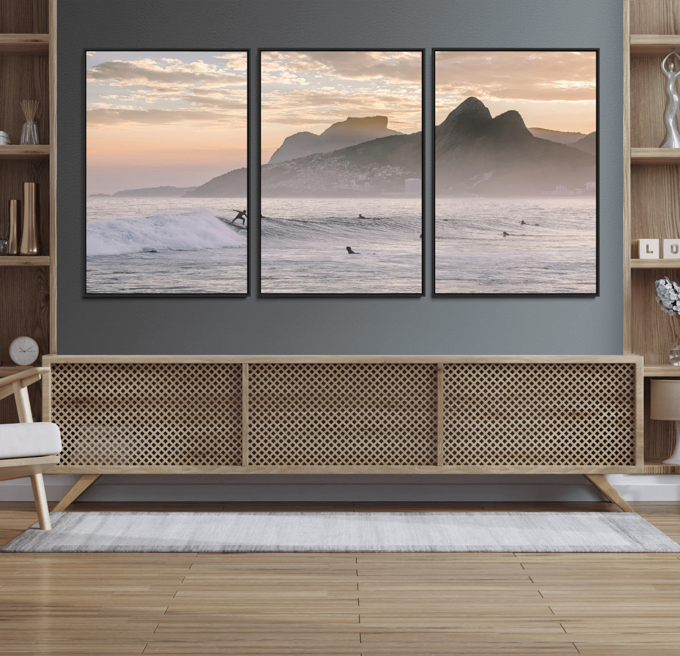 A surfer rides a golden hour wave near misty coastal mountains, surrounded by fellow surfers, capturing the spirit of a coastal adventure.
