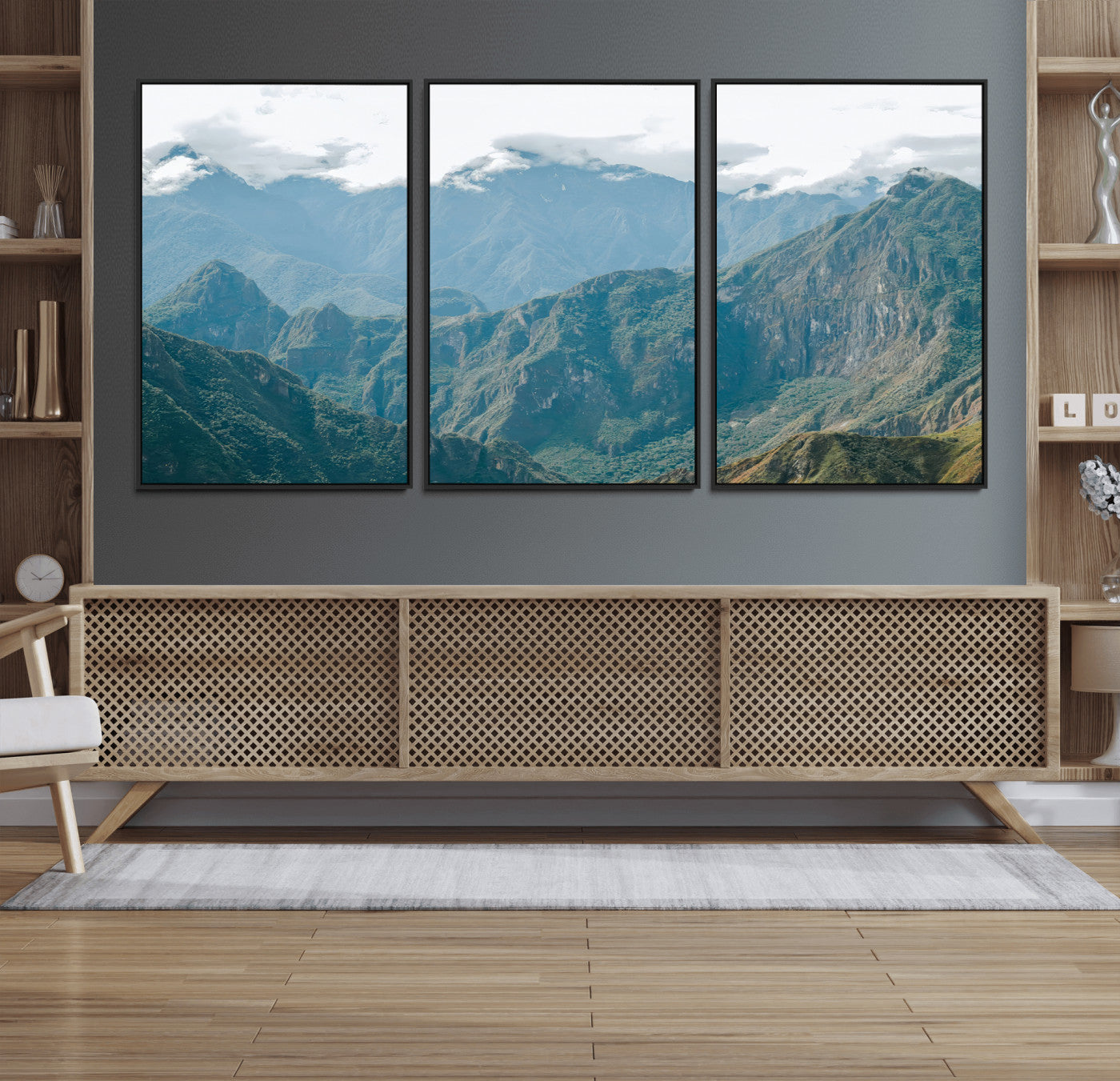 A misty mountain landscape with cloud-covered Andean peaks and lush green valleys, creating a dramatic and serene view, perfect for rustic or nature-inspired home decor.