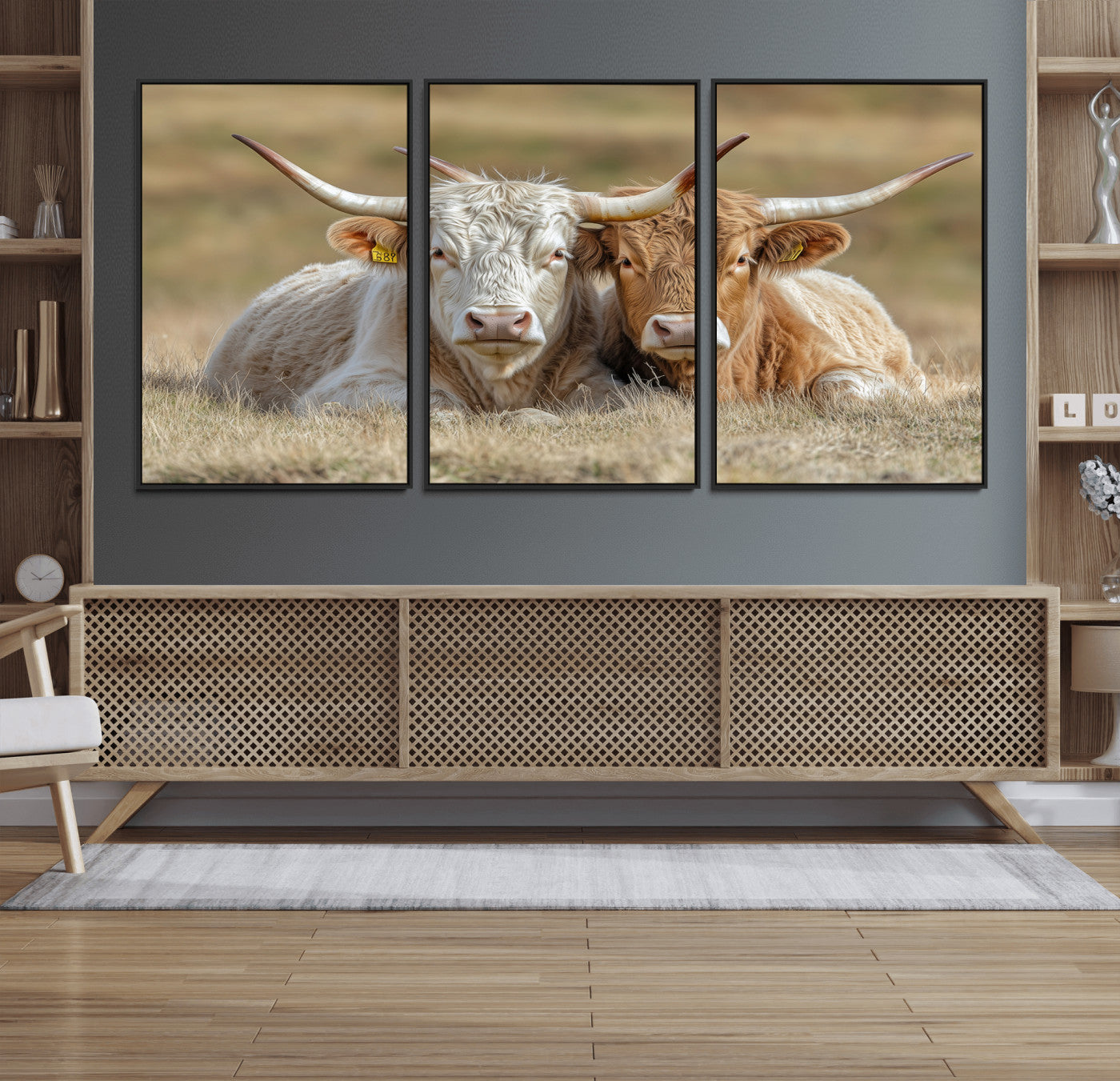 Two cows laying closely in a dry grassy field, captured in soft light, perfect for rustic farmhouse or western style home decor.