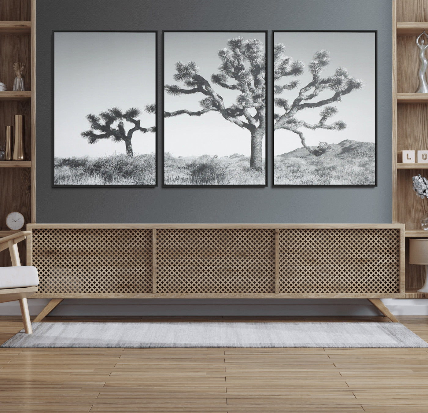 Black and white Joshua tree in a desert landscape with soft light and dry brush, perfect for rustic or minimalist home decor.