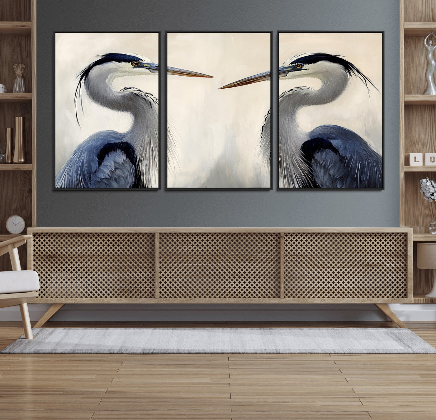 Two blue herons facing each other on a soft neutral background, ideal for coastal, tranquil, or nature-inspired minimalist interiors.