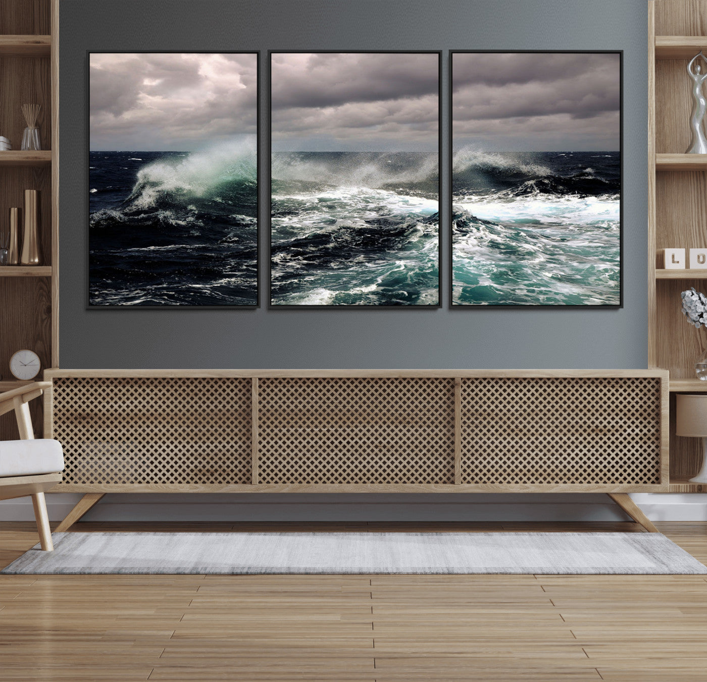 Powerful ocean waves crashing under stormy skies, creating a dynamic and intense seascape.