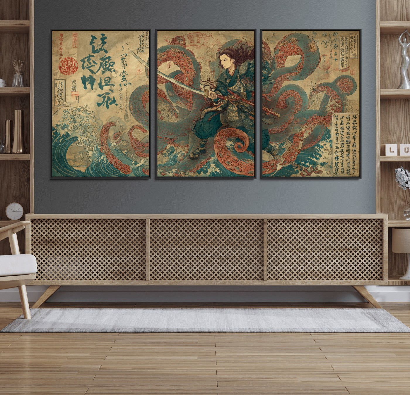 Tsukioka Yoshitoshi Samurai Wall Art Print, Japanese Katana Warrior Canvas Wall Art, Octopus Sea Monster Canvas Print,