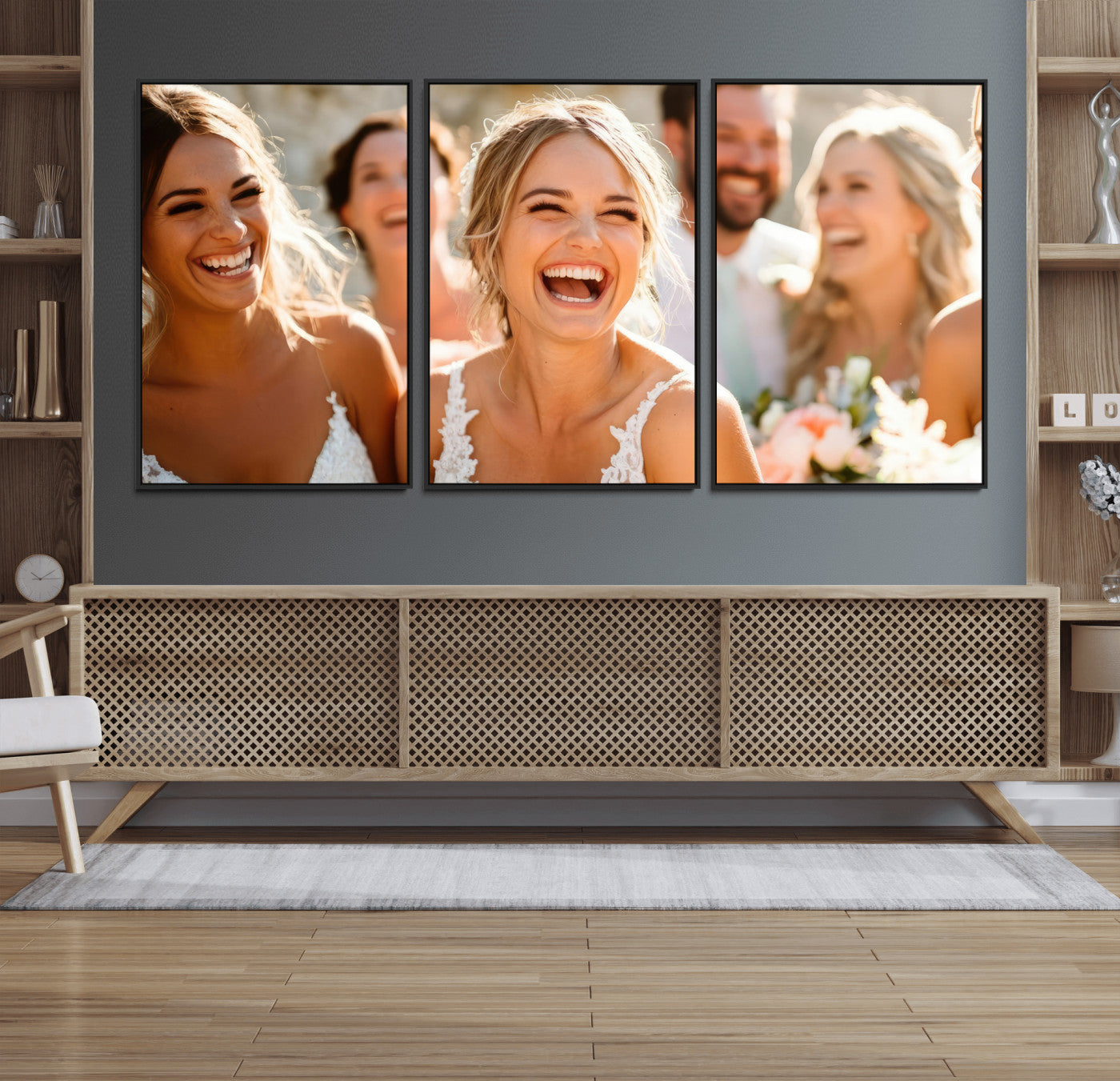 MGV-FC-60X30-3P - Joyful Wedding Wall Art – Laughing Bride and Bridesmaids Canvas Print, Romantic Celebration Photography Decor for Bedroom, Living Room, or Wedding Gift