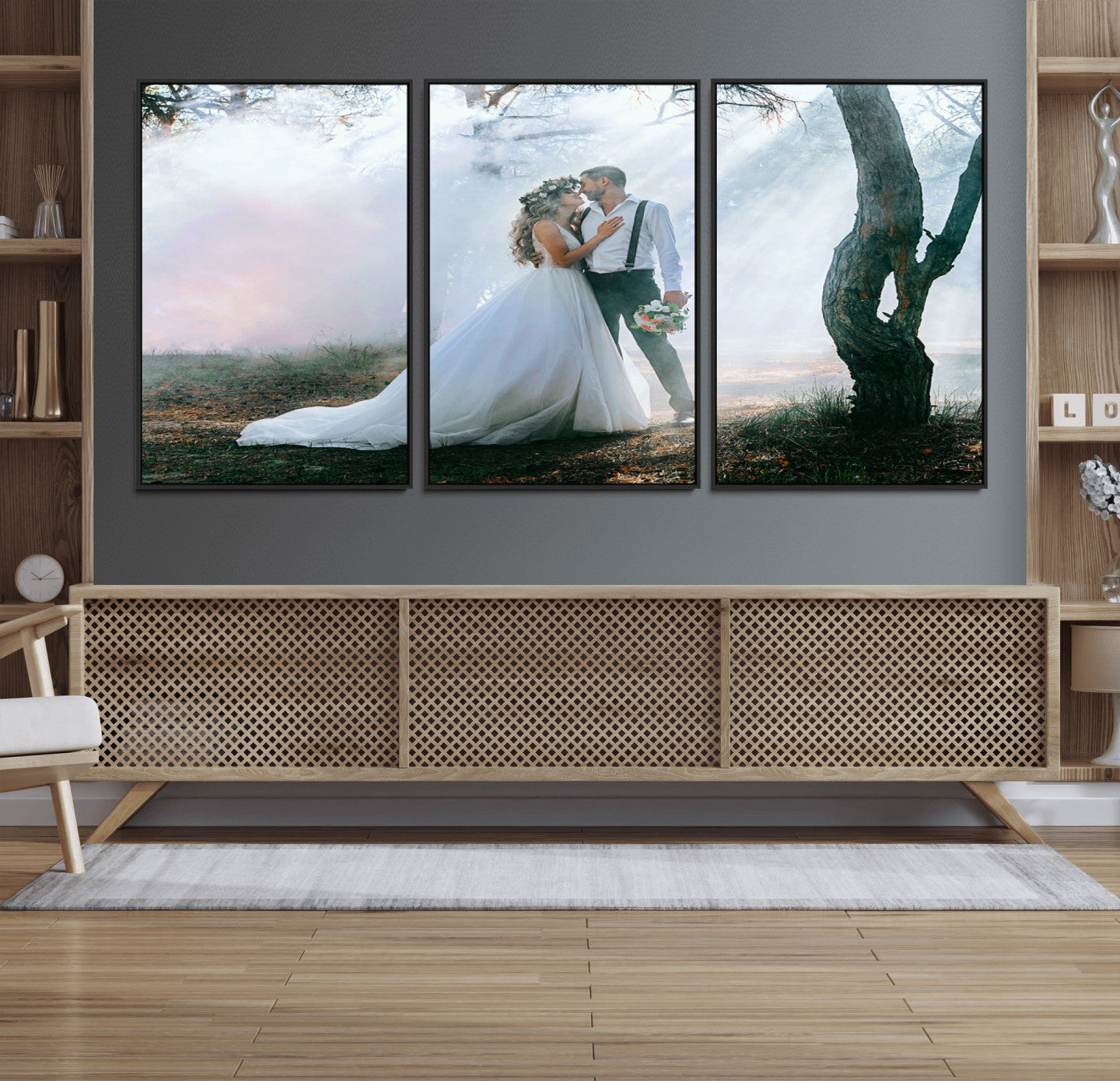 MGV-FC-60X30-3P - Forest Wedding Wall Art – Romantic Bride and Groom Canvas Print, Enchanted Woodland Photography Decor for Bedroom, Living Room, or Wedding Gift