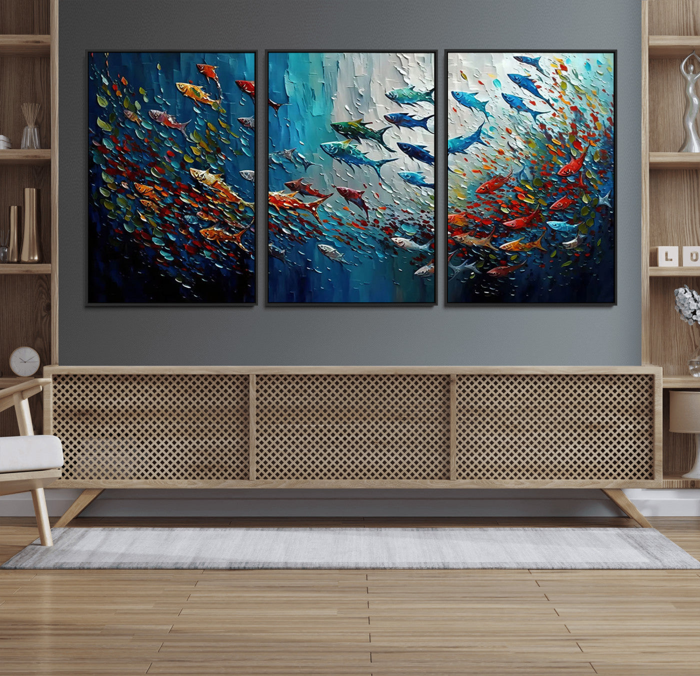 Colorful painting of fish swimming in abstract ocean swirls, perfect for vibrant marine-themed or expressive coastal home decor.