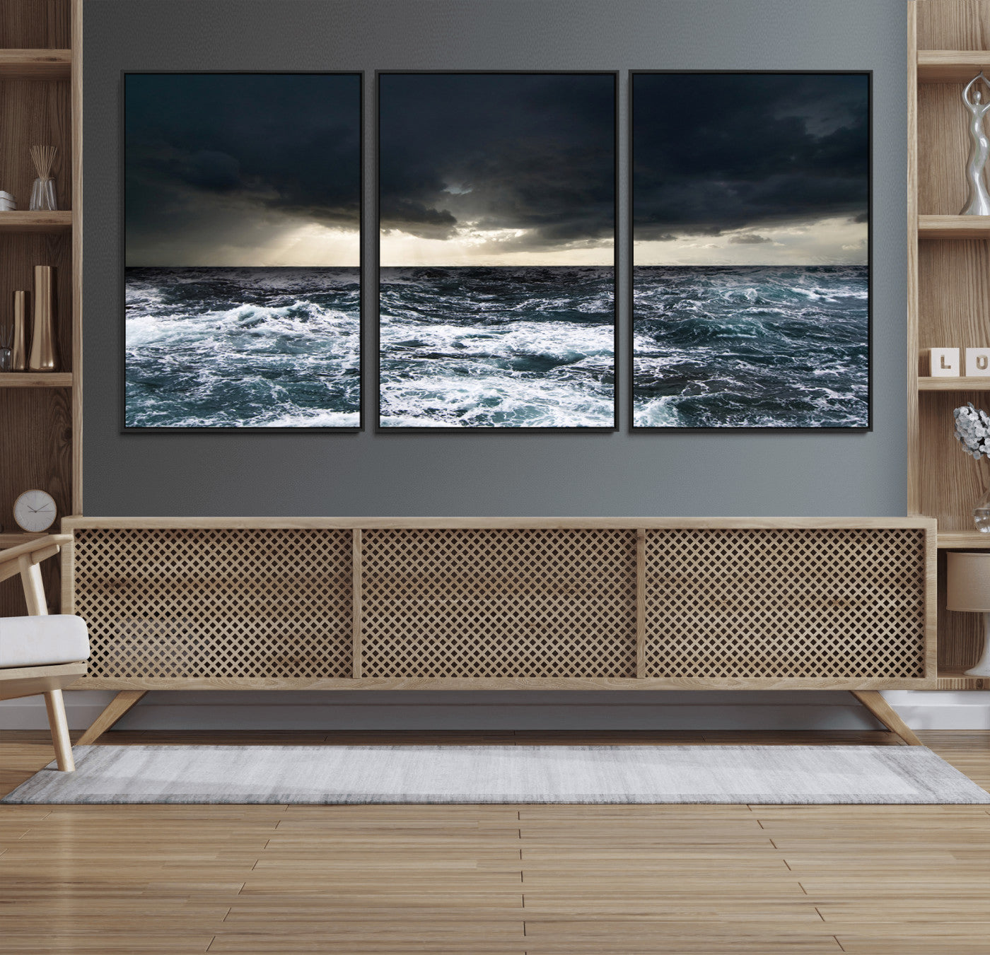 Moody ocean scene with stormy skies and crashing waves, perfect for dramatic or coastal-style home wall decor.