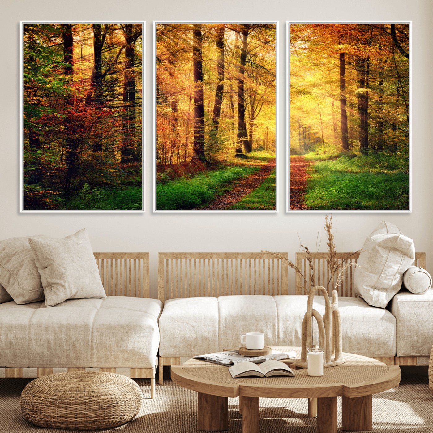 73494-MGV-FC-60X30-3P_White-Golden Autumn Forest Path Wall Art – Sunlit Woodland Canvas Print, Fall Nature Landscape Home Decor