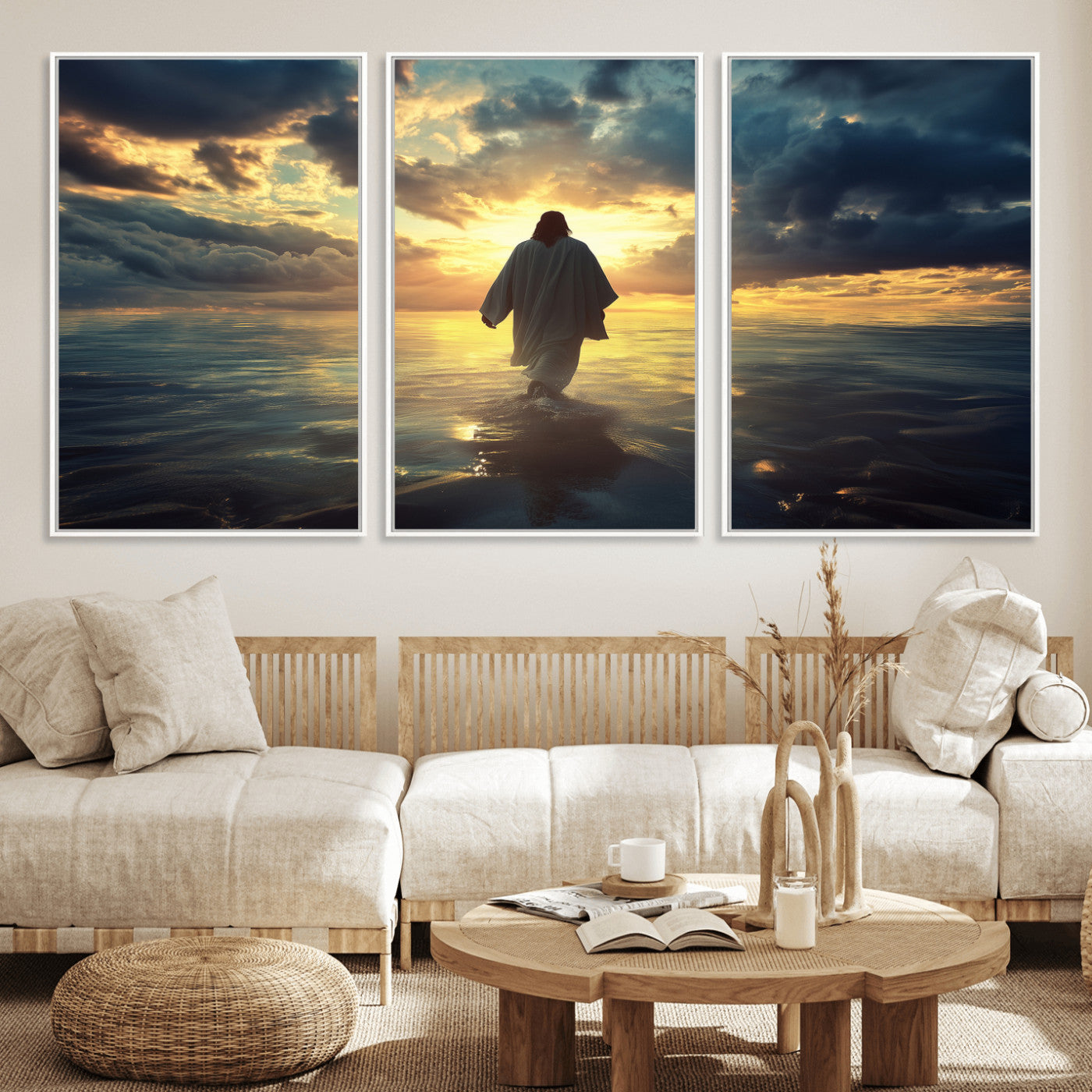 Spiritual artwork of Jesus walking on water at golden hour with divine light, ideal for Christian home decor or prayer room.
