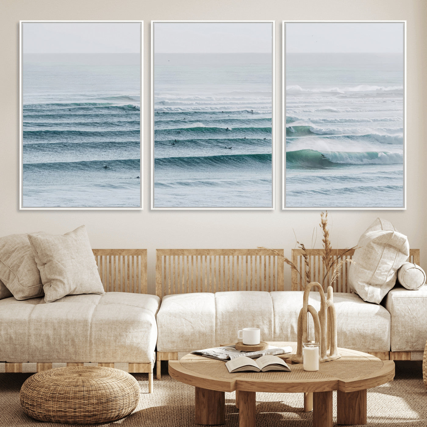 High-angle view of surfers lining up across layered ocean waves, ideal for minimal coastal or surf-inspired room decor.