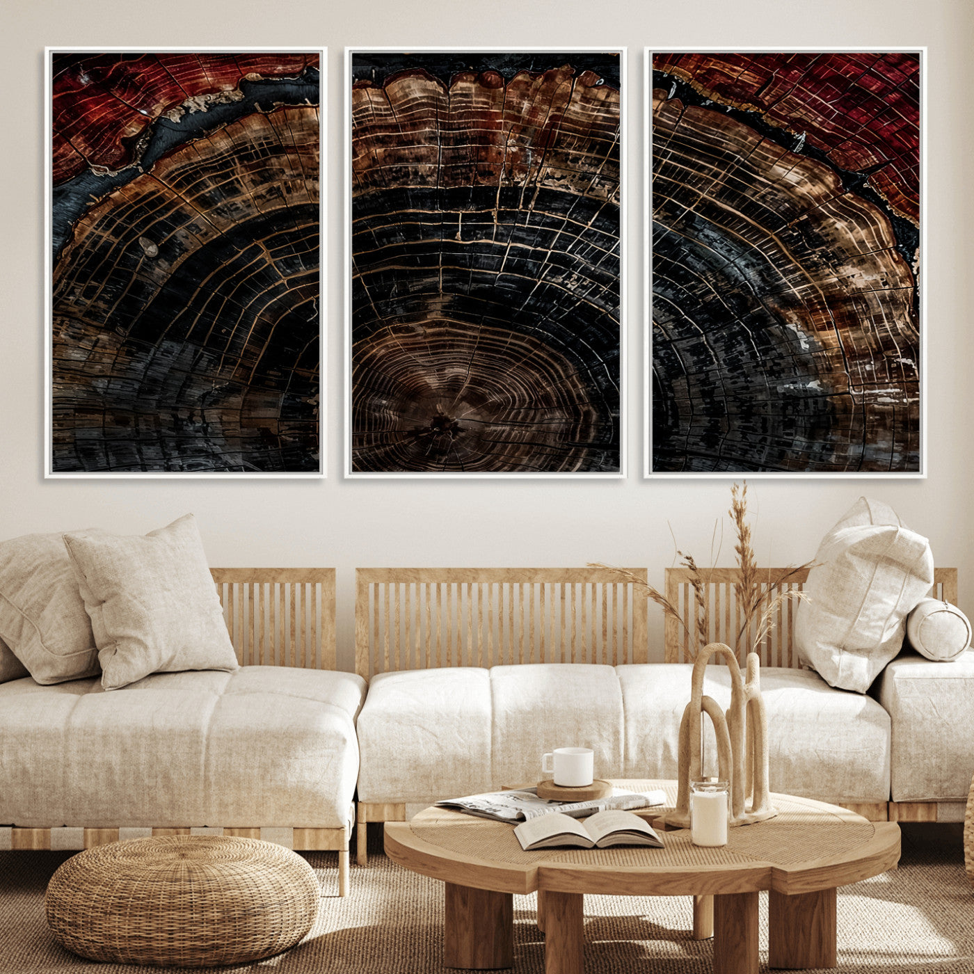 Dark Wood Wall Art Print - Petrified Tree Canvas Print, featuring an intricate tree ring pattern with deep earthy tones and organic textures, perfect for rustic and nature-inspired decor.