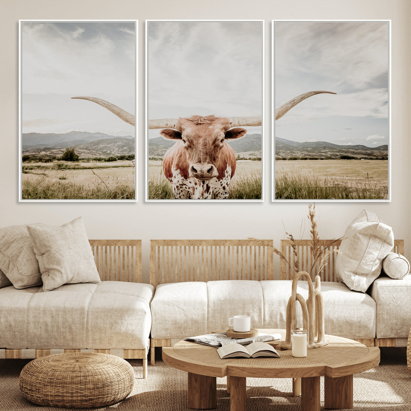 Longhorn Wall Art Print - Western Cow Canvas Print, featuring a majestic Texas longhorn in a rustic prairie setting, perfect for farmhouse and western decor.