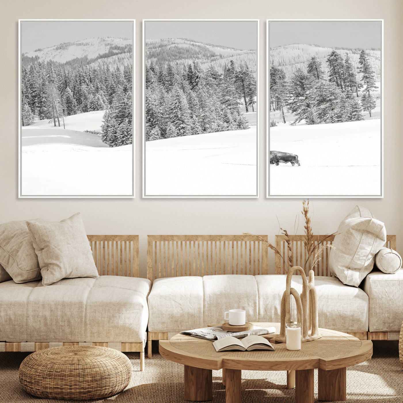 Snowy bison walking through white forest landscape, ideal for monochrome winter or wilderness-style interior wall decoration.