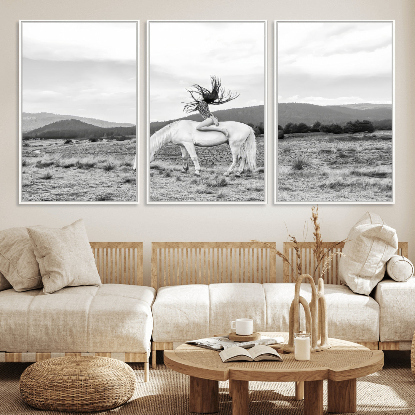 Black and white photo of a woman on a white horse in moody tones, ideal for Western Boho or modern rustic-style home decor.