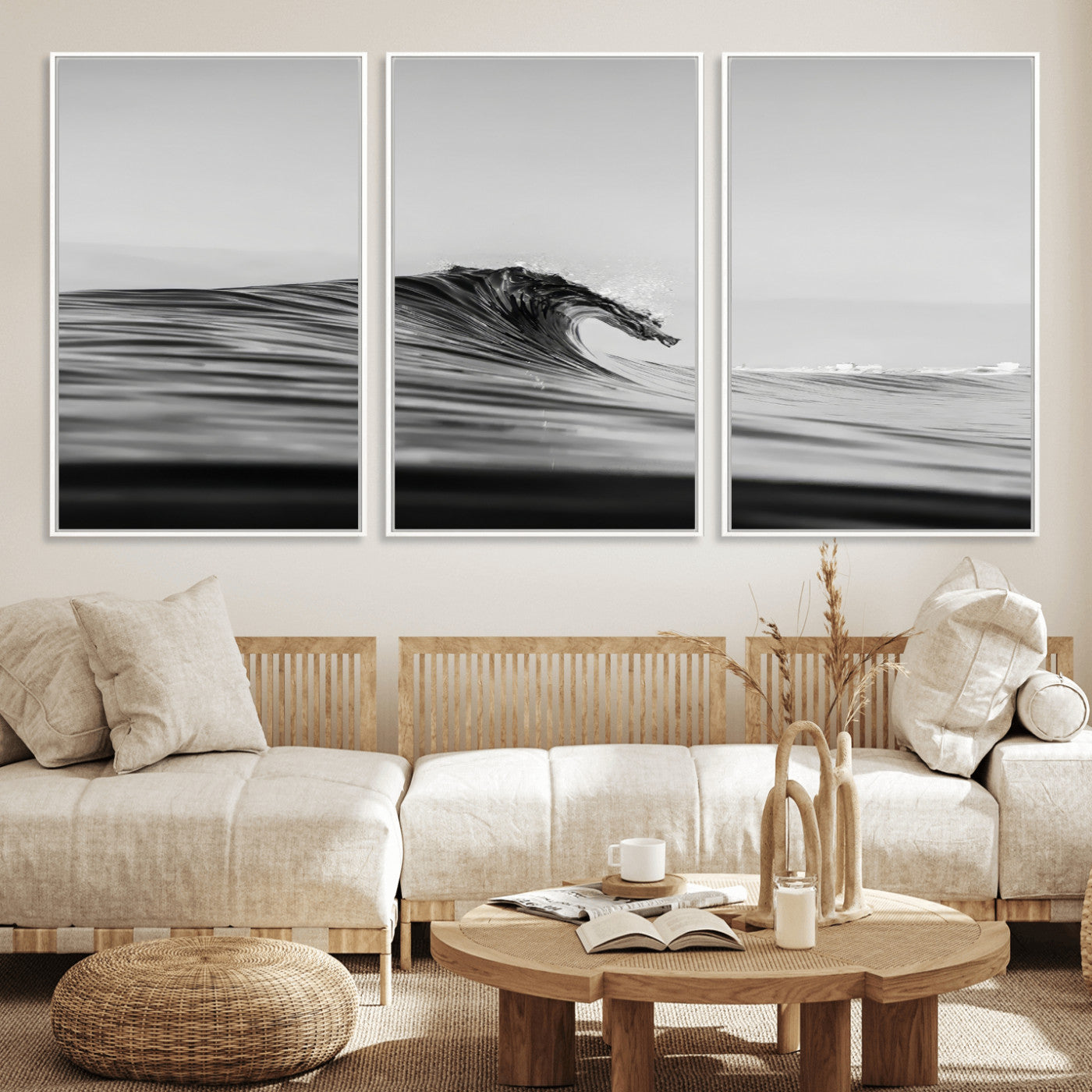 Striking black and white photo of a curling wave, ideal for modern coastal or minimalist wall decor settings.