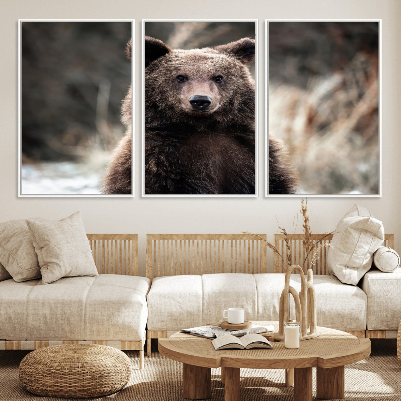 Canvas of a brown bear in soft earthy tones and moody forest light, ideal for rustic cabin or woodland nature-themed home decor.