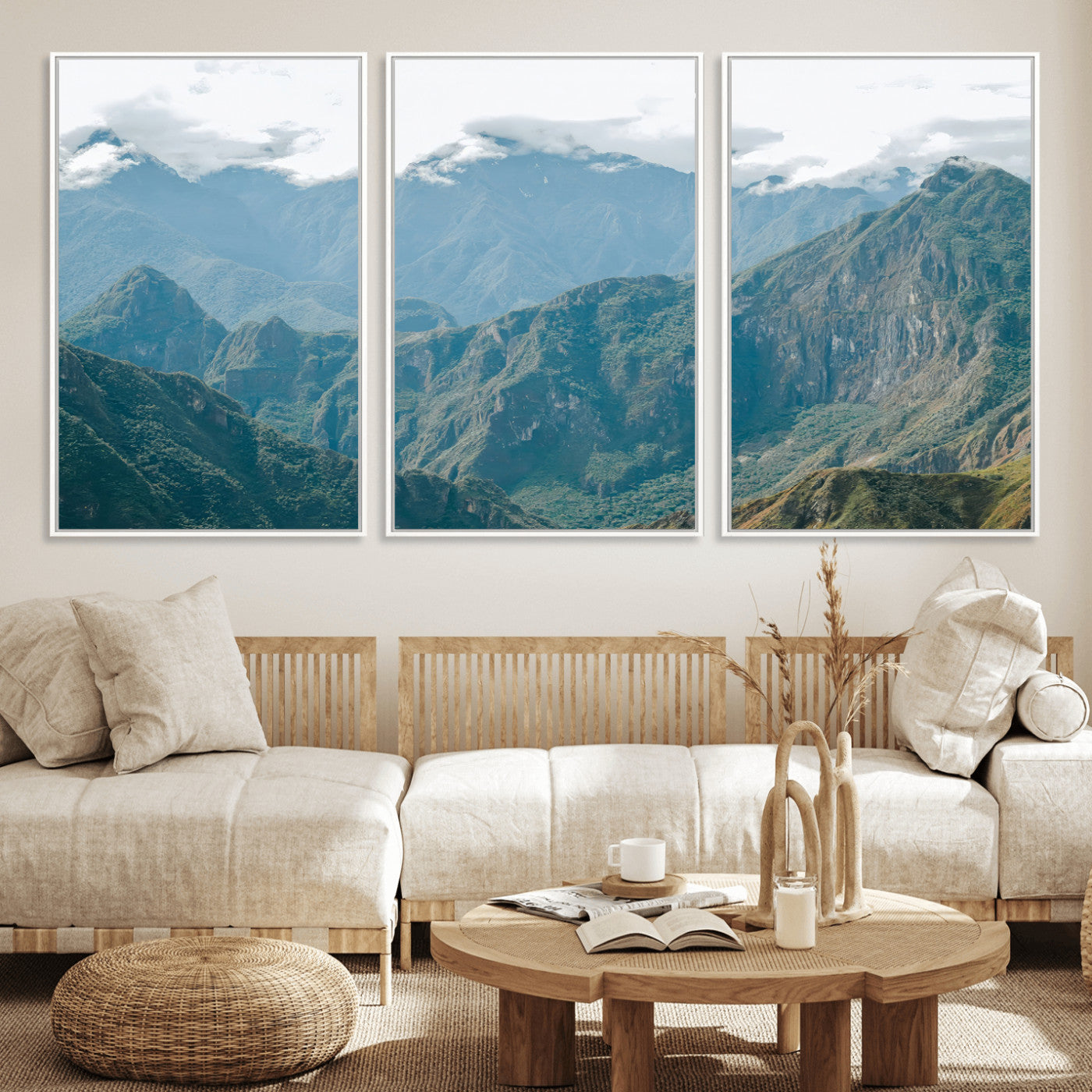 A misty mountain landscape with cloud-covered Andean peaks and lush green valleys, creating a dramatic and serene view, perfect for rustic or nature-inspired home decor.
